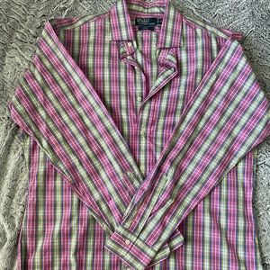 Polo Men’s Pink Plaid Striped Button Down